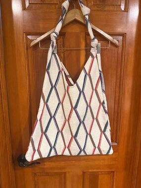 Zara Cream Shoulder Bag with Red, Blue, Pink and Tan Diamond Stripes